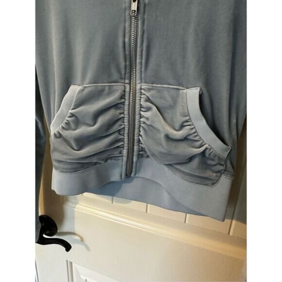 I.AM.GIA Kameron Velour Zip Up Jacket Women Small Blue Bedazzled Ruched - Picture 11 of 16